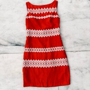 COAST Dress Orange White Lace Linen Sheath Womens 6 Feminine Wedding Guest Party